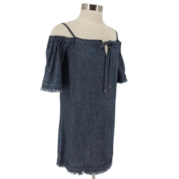 Trina Turk Shift Dress Linen Blue Chambray Off Shoulder Short Sleeve Fringe - Picture 3 of 9